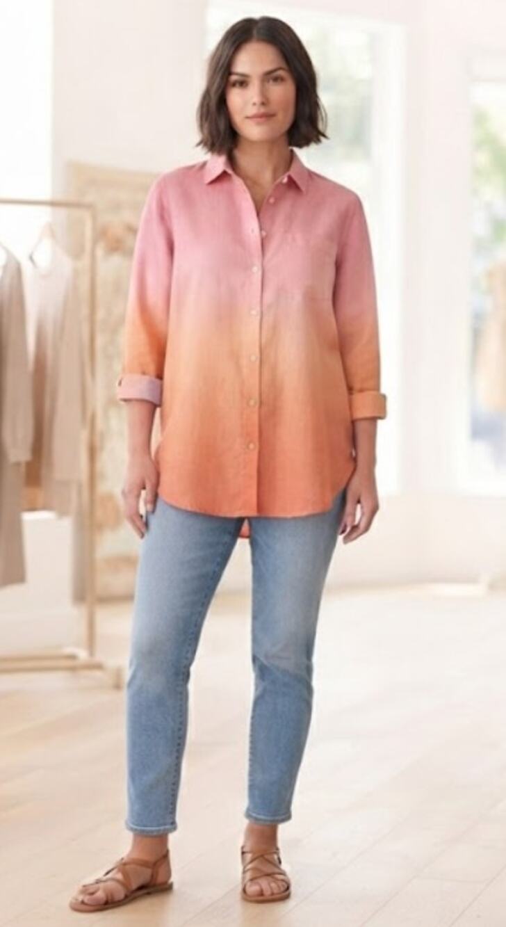 J. Jill Linen Blend Ombré Button Down Shirt Pink Orange Long Sleeve Size Large